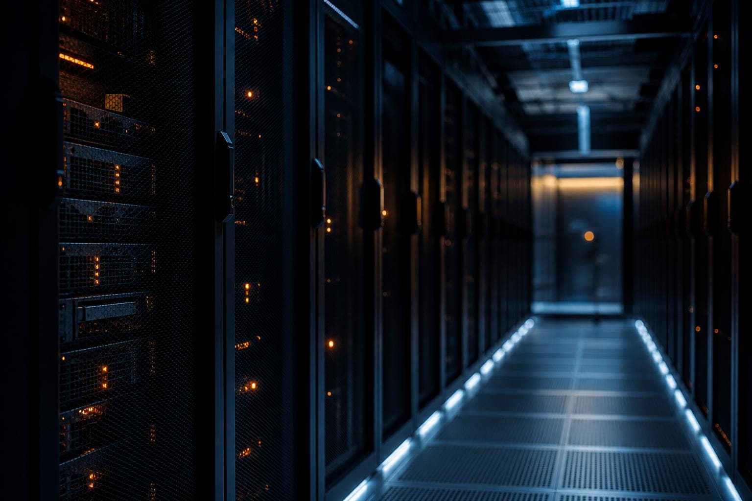 Server hall with warm aisle lighting, illustrating governed infrastructure programs