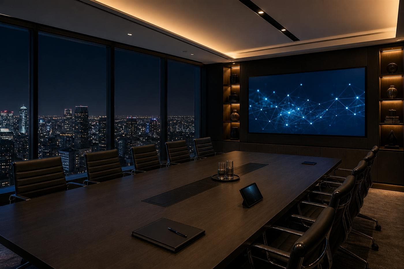 Enterprise boardroom overlooking a city skyline at night