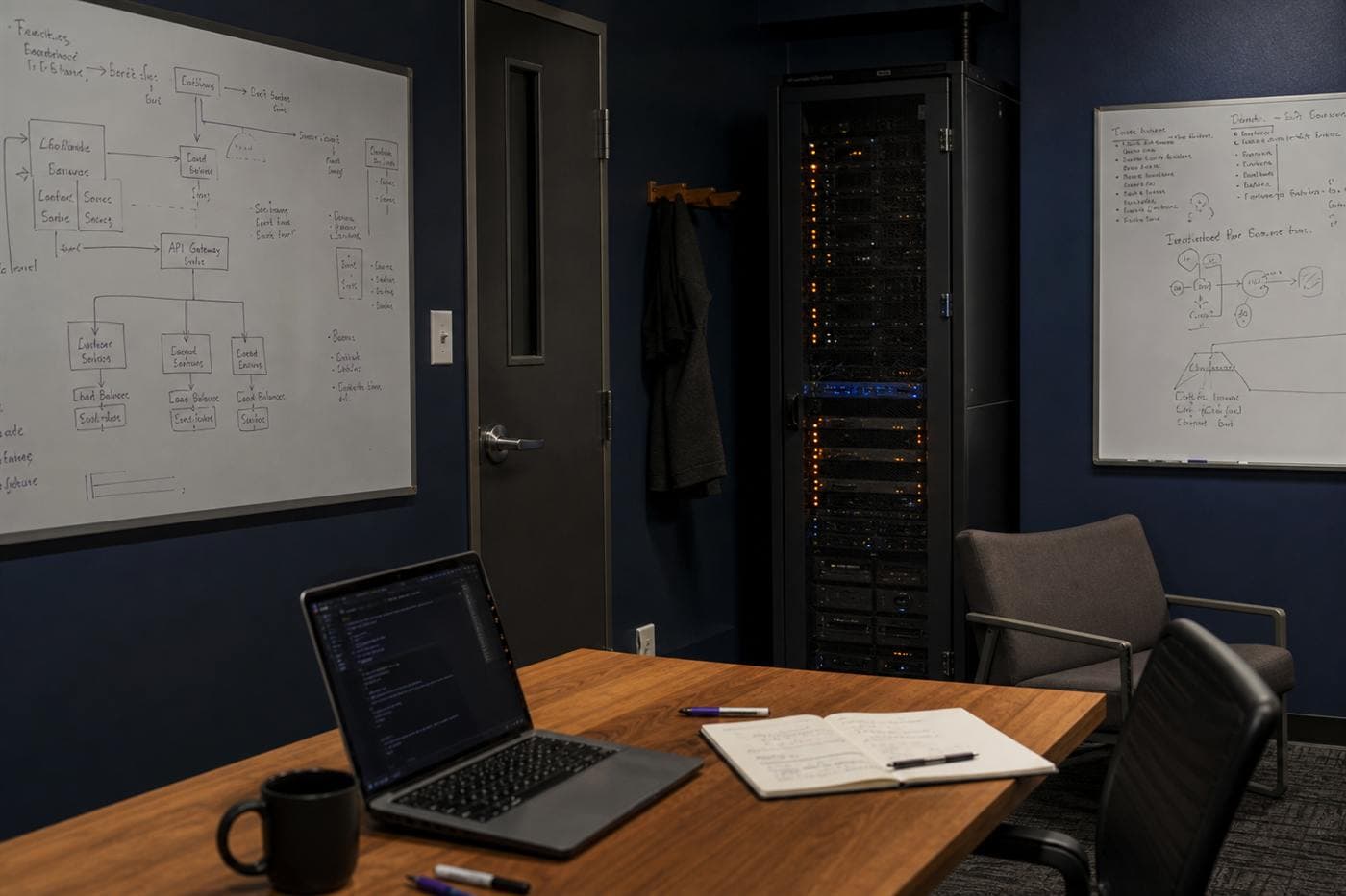 Startup engineering room with whiteboard sketches and a compact rack